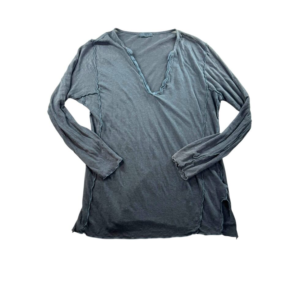 CP Shades Linen Slub Long Sleeve Shirt Size XS Deep V Neck Blue Slouchy Casual